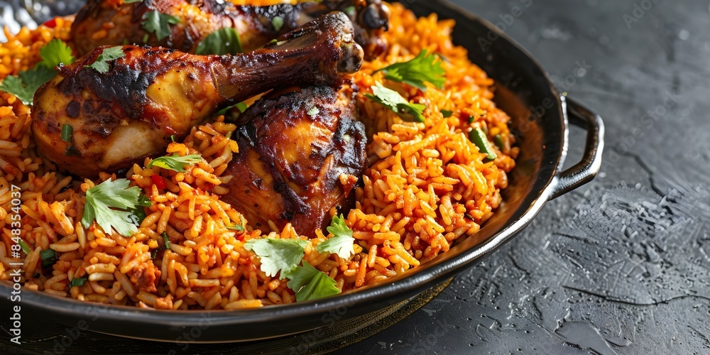 Savor authentic West African Jollof rice with flavorful grilled chicken