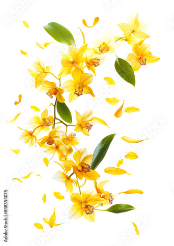 Fresh flying yellow orchids and leaves isolated on white