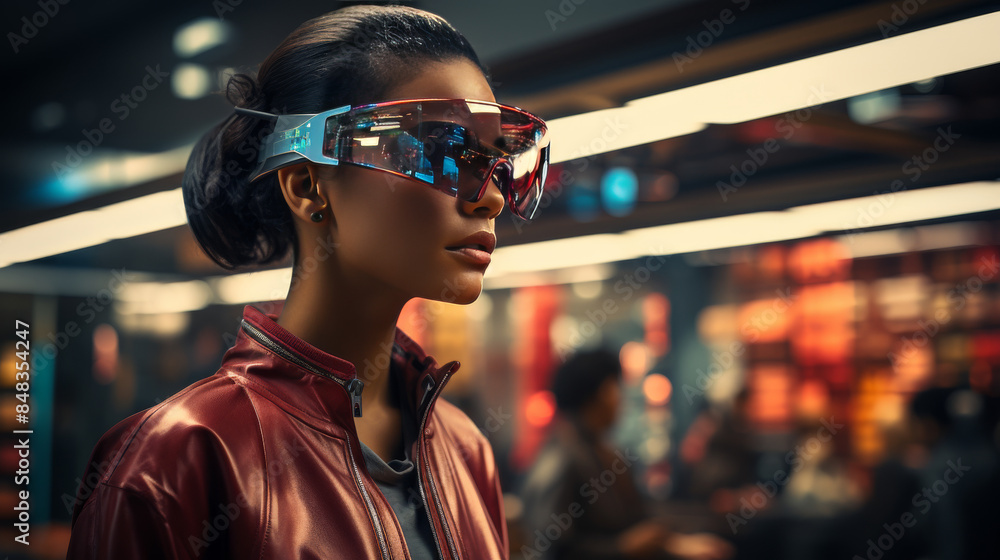 A person wearing reality glasses in a futuristic retail store A person wearing reality glasses in a futuristic retail store