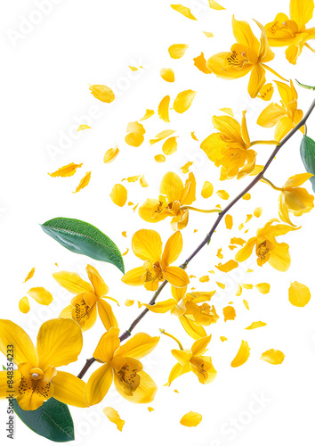 Fresh flying yellow orchids and leaves isolated on white