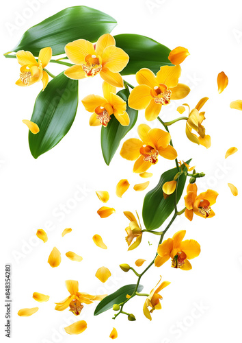 Fresh flying yellow orchids and leaves isolated on white