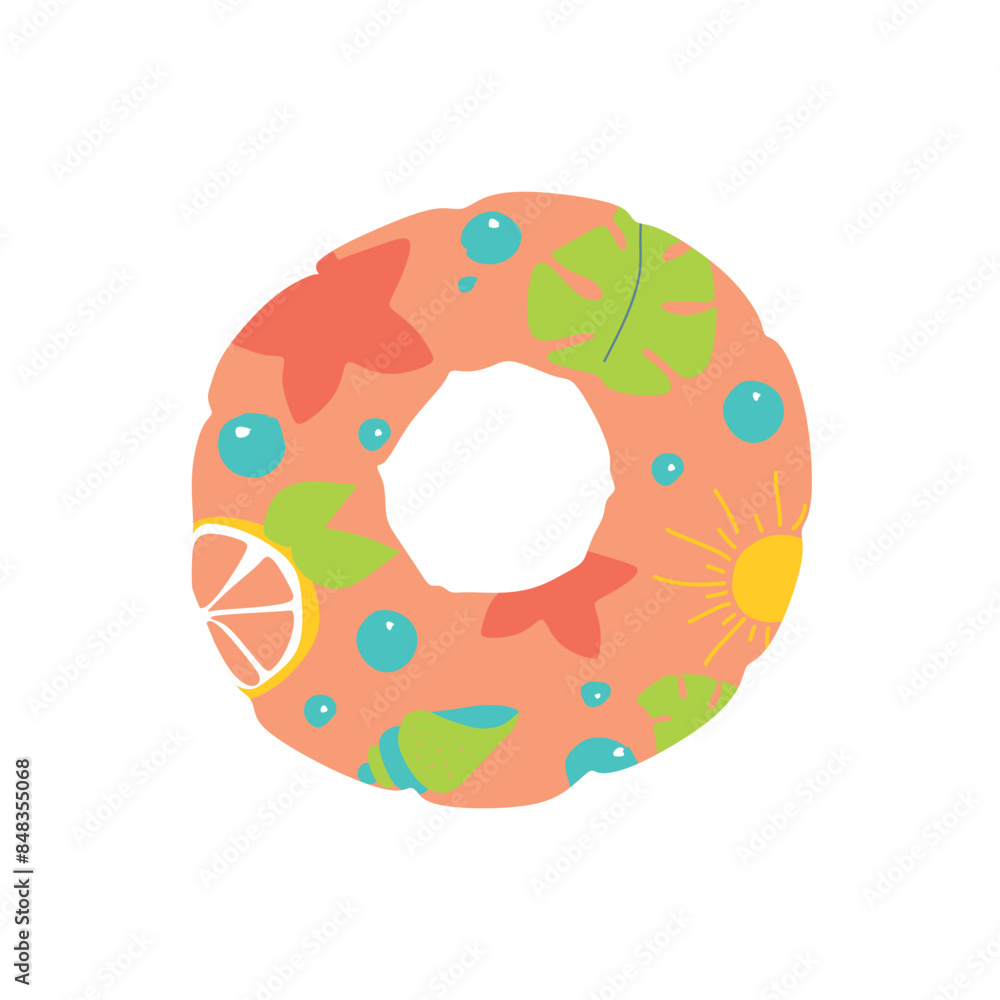 Inflatable Floating Ring for Swimming. Flat vector illustration isolated on white background. Beach Rubber Lifebuoy with Tropical ornaments for Pool. Summer lifesaver, rescue tube. Cartoon Graphic Inflatable Floating Ring for Swimming. Flat vector illustration isolated on white background. Beach Rubber Lifebuoy with Tropical ornaments for Pool. Summer lifesaver, rescue tube. Cartoon Graphic