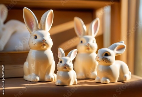 Three white ceramic Easter bunnies on a wooden windowsill with a sunny background