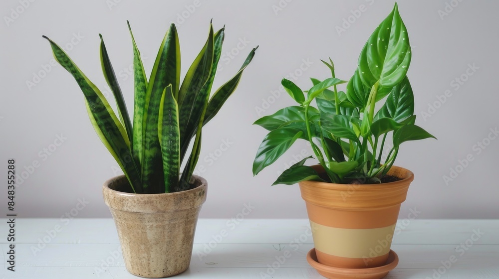 Green Indoor Plants in Stylish Flowerpots Sansevieria Snake Plant and Devil s Tongue Plant Green Indoor Plants in Stylish Flowerpots Sansevieria Snake Plant and Devil s Tongue Plant