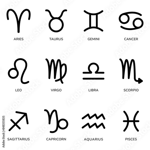 Zodiac signs set. Flat illustration of black astrological signs isolated on a white background. Vector design.