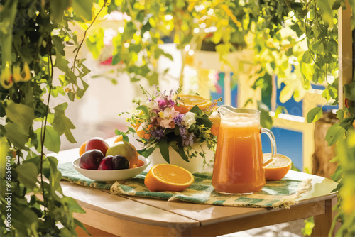 Fresh orange juice in glass beaker, slices of sliced oranges and basket on background of spring green nature with sunbeams. Vitamins and fruits. Healthy lifestyle. Spring background with orange juic