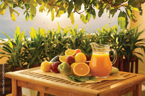Fresh orange juice in glass beaker, slices of sliced oranges and basket on background of spring green nature with sunbeams. Vitamins and fruits. Healthy lifestyle. Spring background with orange juic