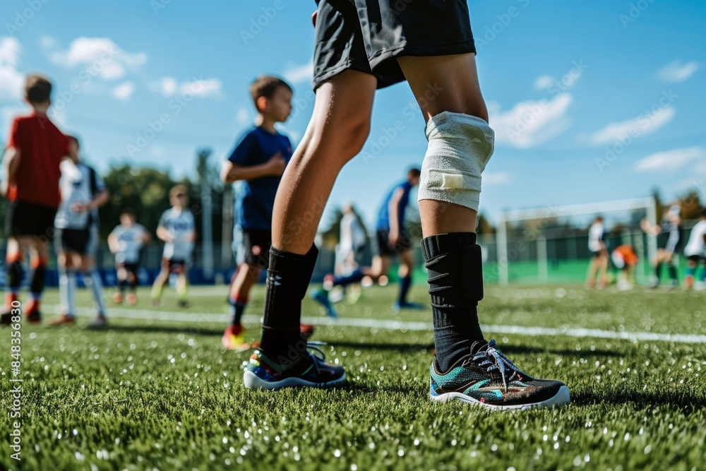 Young Athlete With Knee Injury Using Elastic Bandage During Team Practice on Sports Field Young Athlete With Knee Injury Using Elastic Bandage During Team Practice on Sports Field