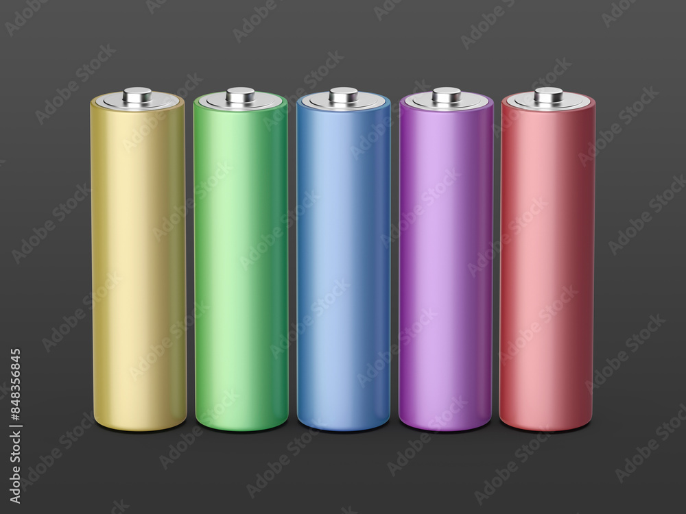 Row with five AA size batteries with different colors Row with five AA size batteries with different colors