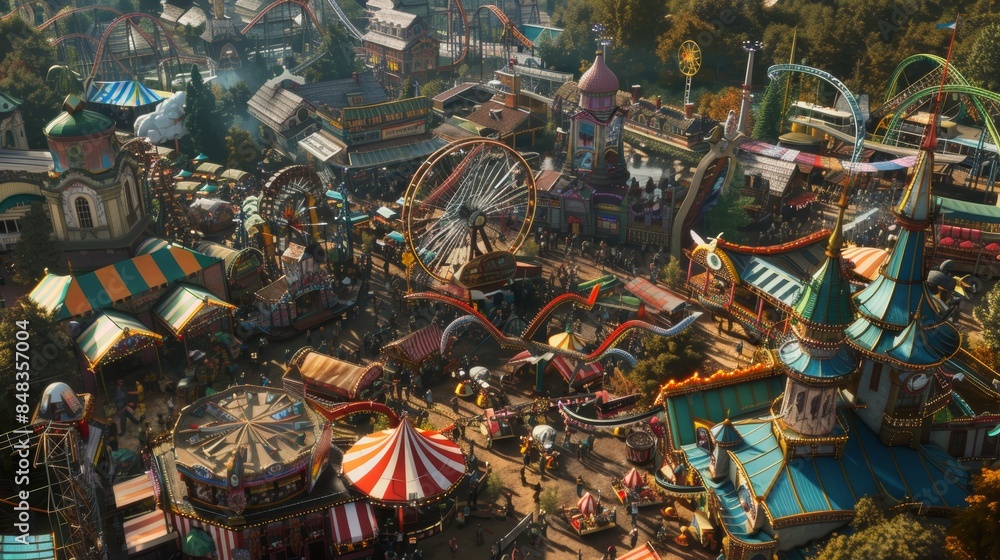 Aerial View of Oktoberfest Fairgrounds with Beer Tents, Rides, and Festive Decorations During Autumn Aerial View of Oktoberfest Fairgrounds with Beer Tents, Rides, and Festive Decorations During Autumn