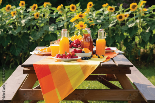 Fresh orange juice in glass beaker, slices of sliced oranges and basket on background of spring green nature with sunbeams. Vitamins and fruits. Healthy lifestyle. Spring background with orange juic