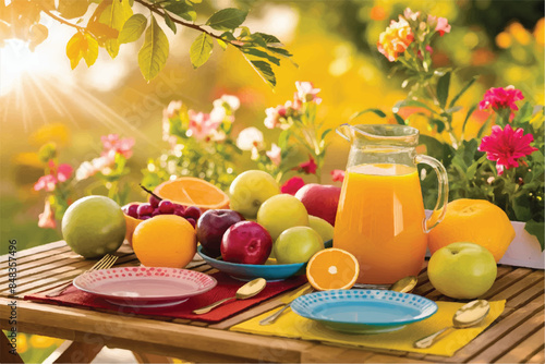 Fresh orange juice in glass beaker, slices of sliced oranges and basket on background of spring green nature with sunbeams. Vitamins and fruits. Healthy lifestyle. Spring background with orange juic