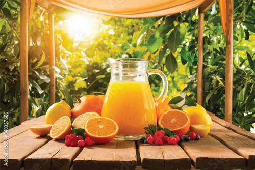 Fresh orange juice in glass beaker, slices of sliced oranges and basket on background of spring green nature with sunbeams. Vitamins and fruits. Healthy lifestyle. Spring background with orange juic