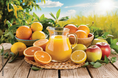 Fresh orange juice in glass beaker, slices of sliced oranges and basket on background of spring green nature with sunbeams. Vitamins and fruits. Healthy lifestyle. Spring background with orange juic