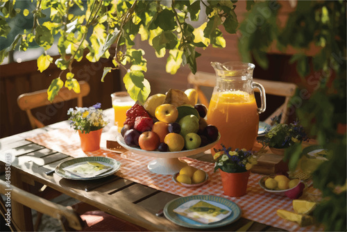 Fresh orange juice in glass beaker, slices of sliced oranges and basket on background of spring green nature with sunbeams. Vitamins and fruits. Healthy lifestyle. Spring background with orange juic