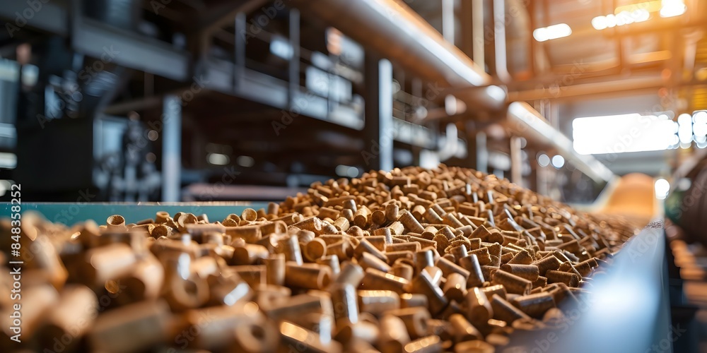Manufacturing wood pellets for biofuel production at a biomass plant. Concept Wood Pellets, Biofuel Production, Biomass Plant, Manufacturing Process, Sustainable Energy Manufacturing wood pellets for biofuel production at a biomass plant. Concept Wood Pellets, Biofuel Production, Biomass Plant, Manufacturing Process, Sustainable Energy