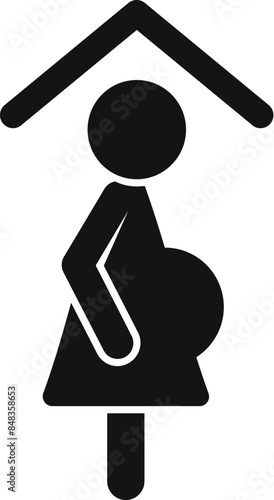 Silhouette of a pregnant woman standing under a house roof, symbolizing home birth and family planning