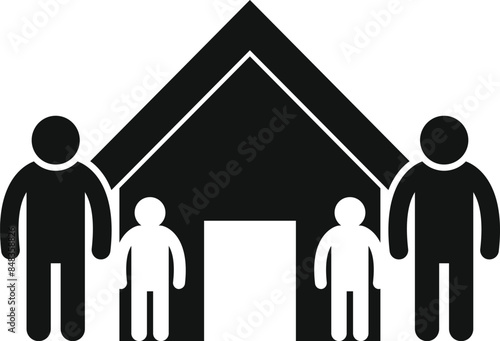 Family of four is standing outside their house, representing the concept of home and family