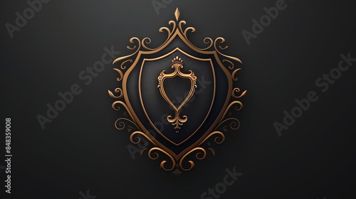 Elegant golden shield with ornate frame on black background.