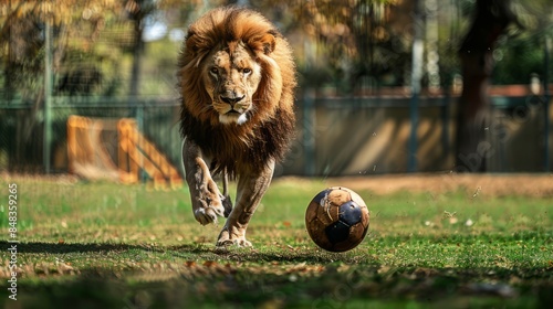 A lion running after a ball on a soccer field.
