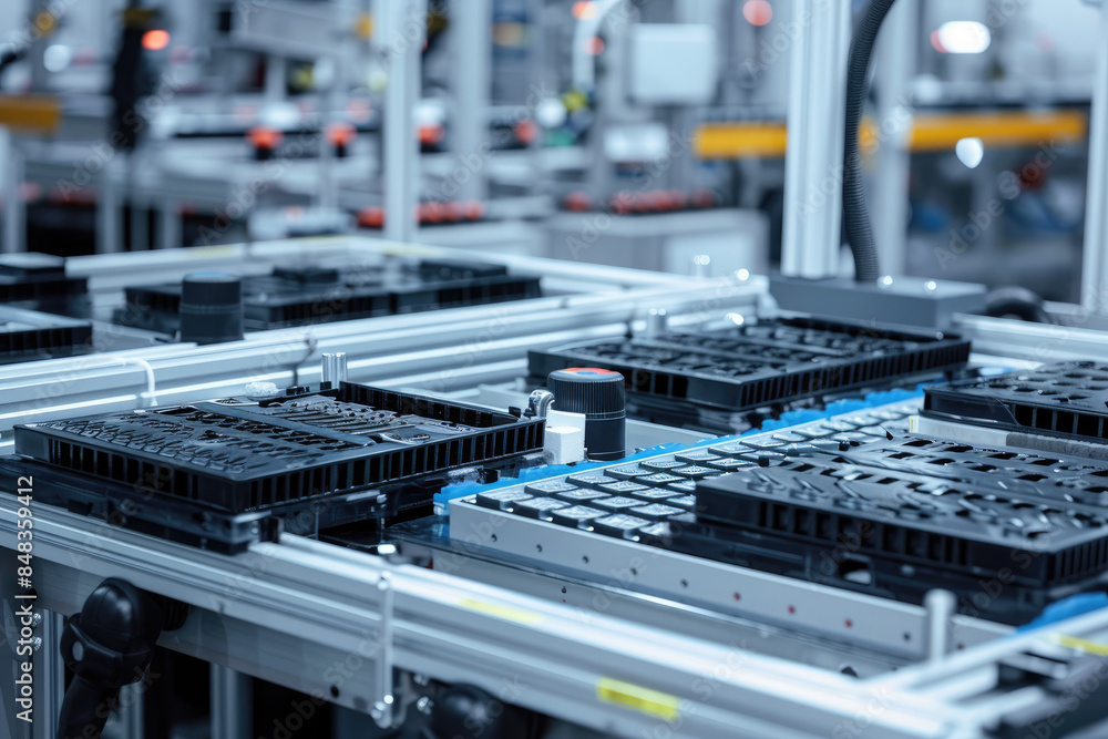 A close up view of the assembly line for mass producing electric vehicle battery cells is shown. A close up view of the assembly line for mass producing electric vehicle battery cells is shown.