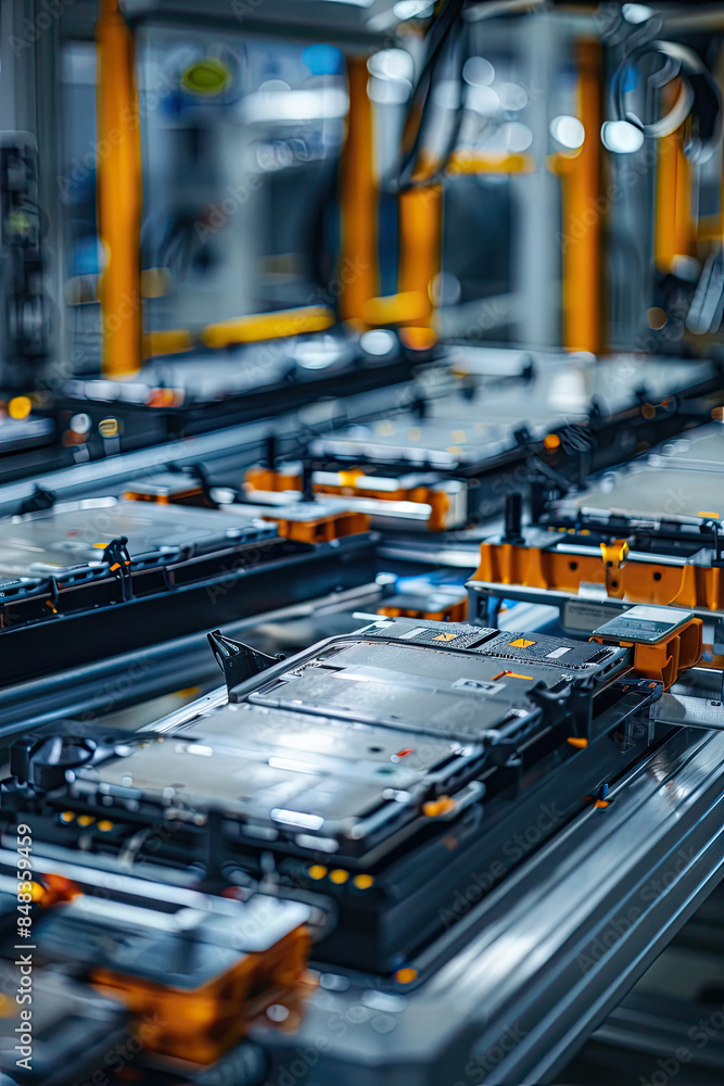 A close up view of the assembly line for mass producing electric vehicle battery cells is shown. A close up view of the assembly line for mass producing electric vehicle battery cells is shown.