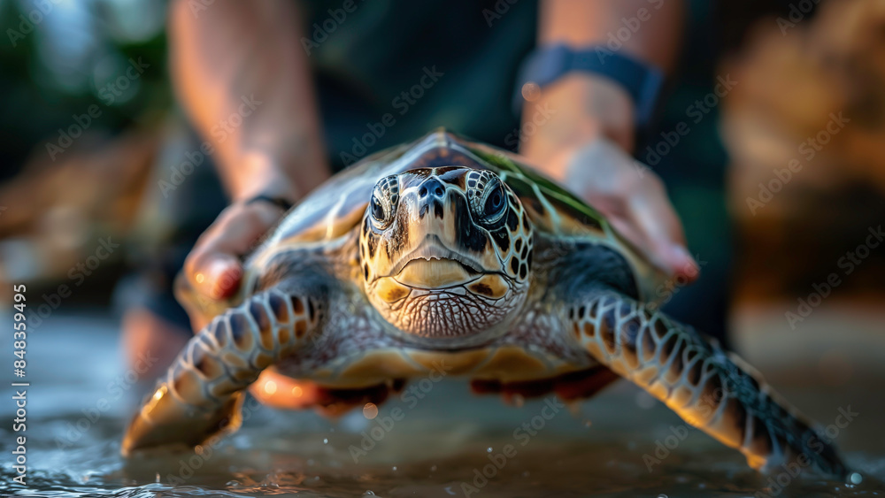 A rescued sea turtle, rehabilitation and released back into the wild, symbolizing hope for marine turtle conservation. A rescued sea turtle, rehabilitation and released back into the wild, symbolizing hope for marine turtle conservation.