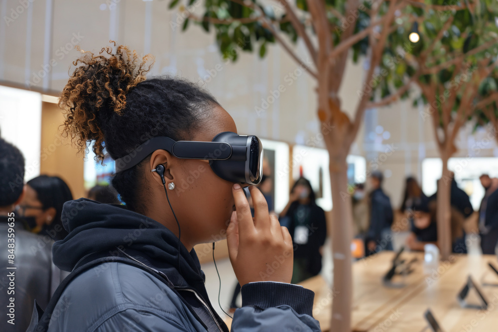 A person Tries VR headset on public A person Tries VR headset on public