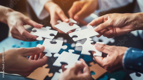 Business team connecting puzzle pieces, symbolizing teamwork and success in business.