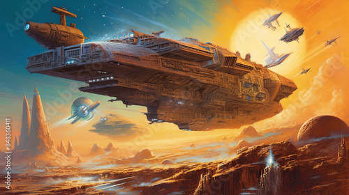 Fototapeta Naklejka Na Ścianę i Meble -  Space ships battle over alien planet in 80s books style. Retro science fiction illustration