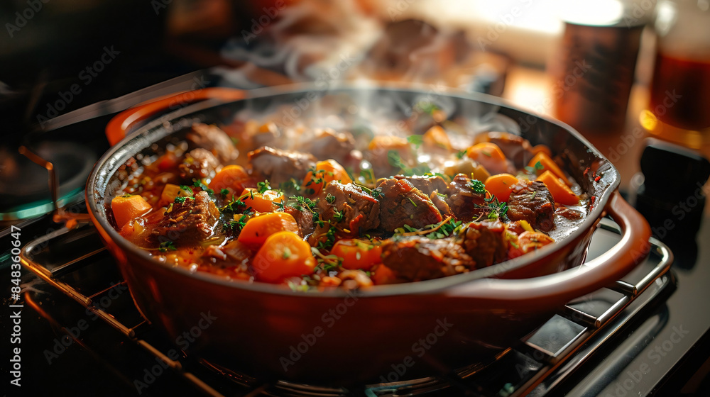 A steaming pot of beef stew with chunks of meat, carrots, and herbs simmers on a stove in a cozy kitchen setting
