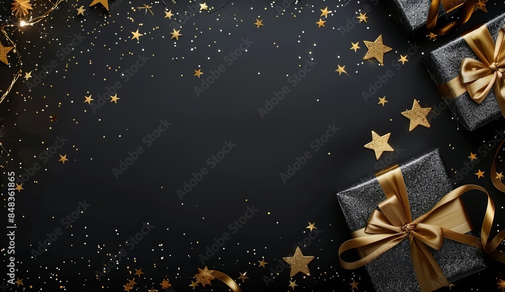 christmas background with stars with black and gold gifts box christmas background with stars with black and gold gifts box