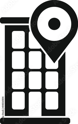 Black simple icon of location pin pointing at multi storey office building
