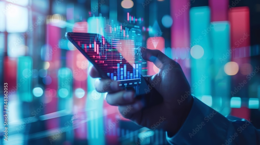 Hand holding smartphone with holographic digital graph, representing data visualization, technology, and finance in a modern interface. Hand holding smartphone with holographic digital graph, representing data visualization, technology, and finance in a modern interface.