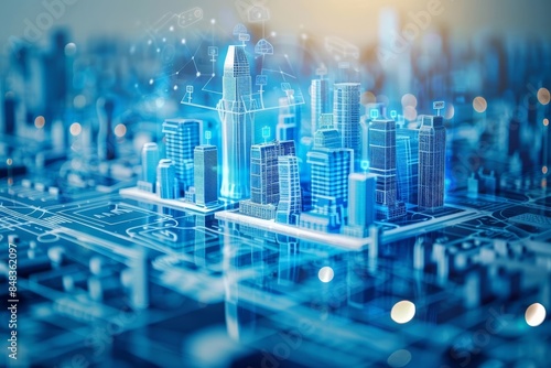 Futuristic digital cityscape with holographic skyscrapers and circuit board integration, representing smart city technology and innovation. photo