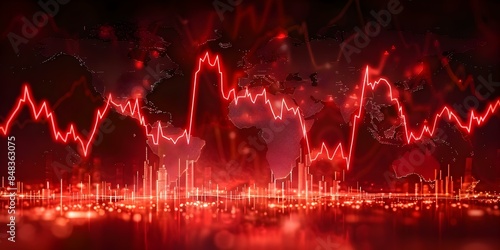 Red declining forex chart overlaying global map representing worldwide economic recession. Concept Economic Recession, Global Financial Crisis, Forex Market, Red Declining Chart, Worldwide Impact