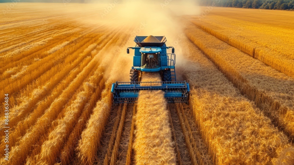 Witness the beauty of a golden wheat field being harvested by a modern combine harvester from an aerial view on a sunny, clear day. Witness the beauty of a golden wheat field being harvested by a modern combine harvester from an aerial view on a sunny, clear day.