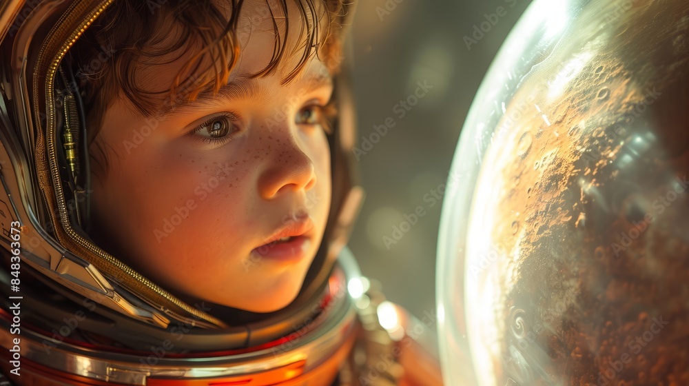 A child dressed as an astronaut, gazing through the reflective visor with a sense of wonder and aspirations to venture across the universe. A child dressed as an astronaut, gazing through the reflective visor with a sense of wonder and aspirations to venture across the universe.