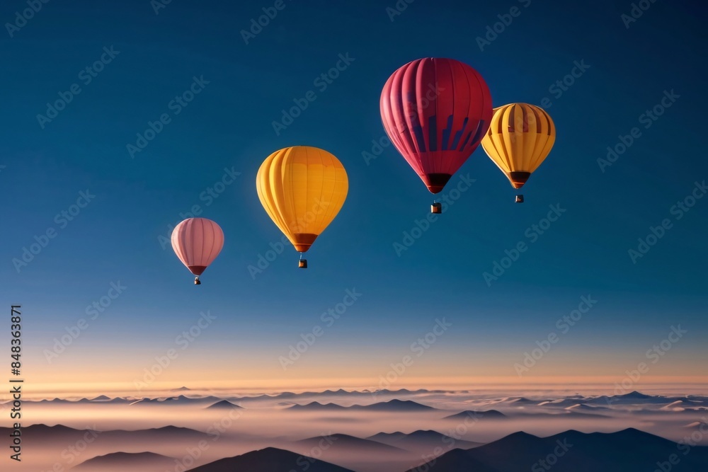 Obraz premium A colorful hot air balloon floats high in the summer sky, casting a red shadow on the fluffy clouds below