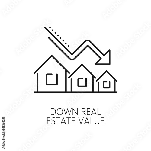 Economic crisis line icon of real estate value down or property depreciation, vector outline symbol. Real estate value decrease with arrow down icon for global economic crisis and financial downturn