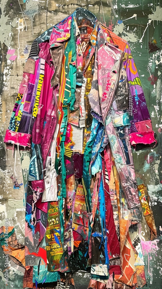 Fototapeta premium Designer's Showcase: 2D Illustration of Repurposed Clothing Stories with Abstract Expressionist Paintings in Background