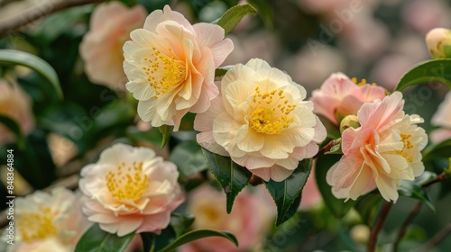 Blooming pale pink and yellow Camellia japonica Goshozakura