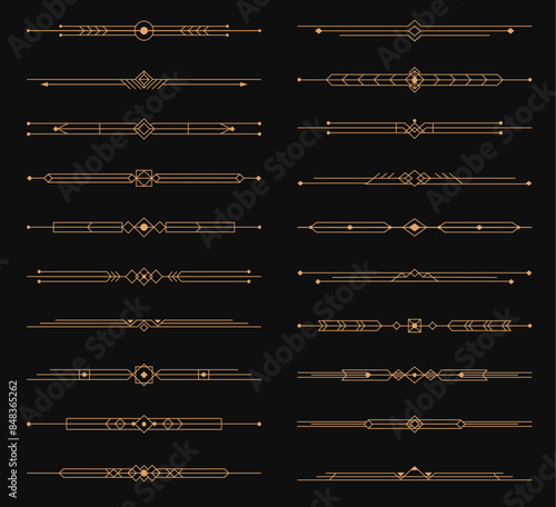 Golden art deco dividers, menu border elements, elegant ornament frame vector set of decorative elements. Refined gold luxurious, symmetrical dividers, underlines or headers. Art deco embellishment