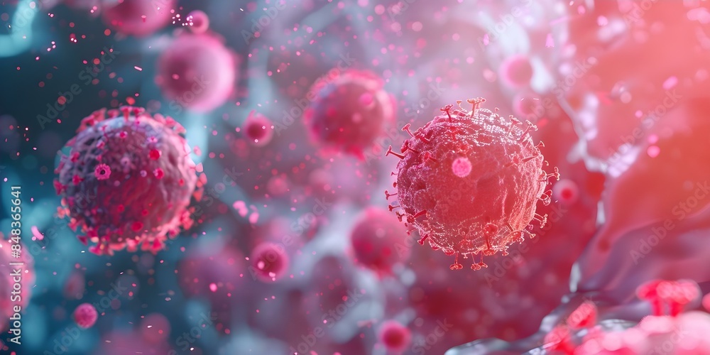 Microscopic cells in digital 3D render with microbiology and biotechnology background. Concept Microscopic cells, Digital 3D Render, Microbiology, Biotechnology Background