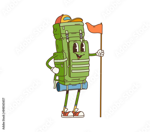 Cartoon backpack retro groovy travel camp and tourism character. Isolated vector anthropomorphic tourist rucksack holding a flag, equipped for adventure, featuring a smiling face and wearing sneakers