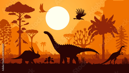 Dinosaur silhouettes, vector Prehistoric scene with silhouetted dino animals, soaring pterodactyl and argentavis, triceratops and sauropod roam landscape with ferns, hills, palm trees and dusk sun