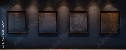 Sophisticated art space with four dark brown frames on a deep navy wall, under ambient lighting.