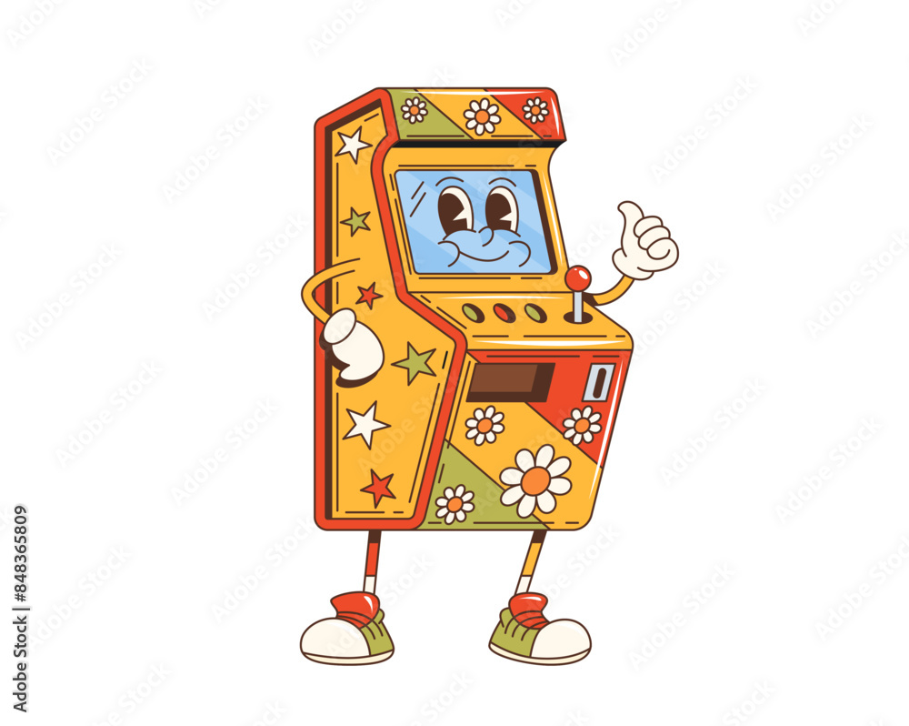 Naklejka premium Cartoon groovy retro slot machine character. Isolated vector arcade cabinet with flowers, exudes vibrant 70s vibe with cheerful expression and retro gaming aesthetic, nostalgic entertainment equipment