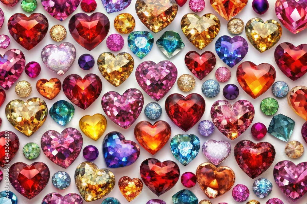 Fototapeta premium Colorful assortment of heart-shaped gems and crystals