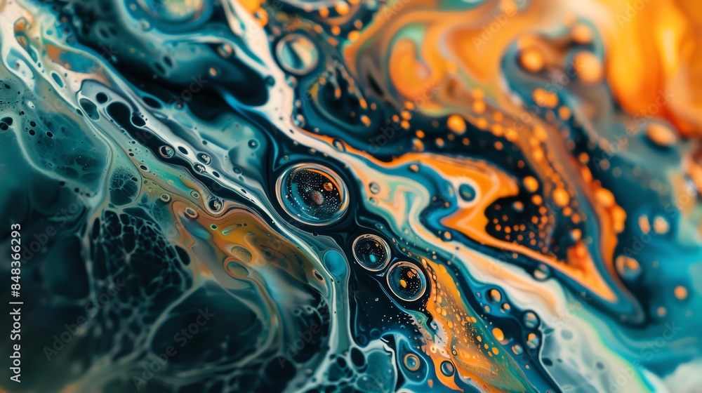 Abstract close-up of swirling blue, orange, and white paint with small bubbles.